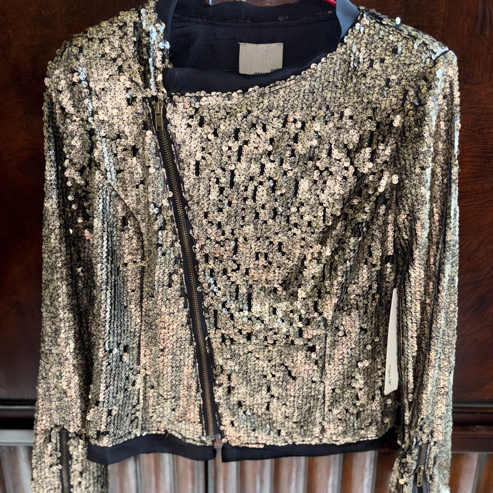 Aryn K Champagne Gold Sequin Embellished Moto Jacket